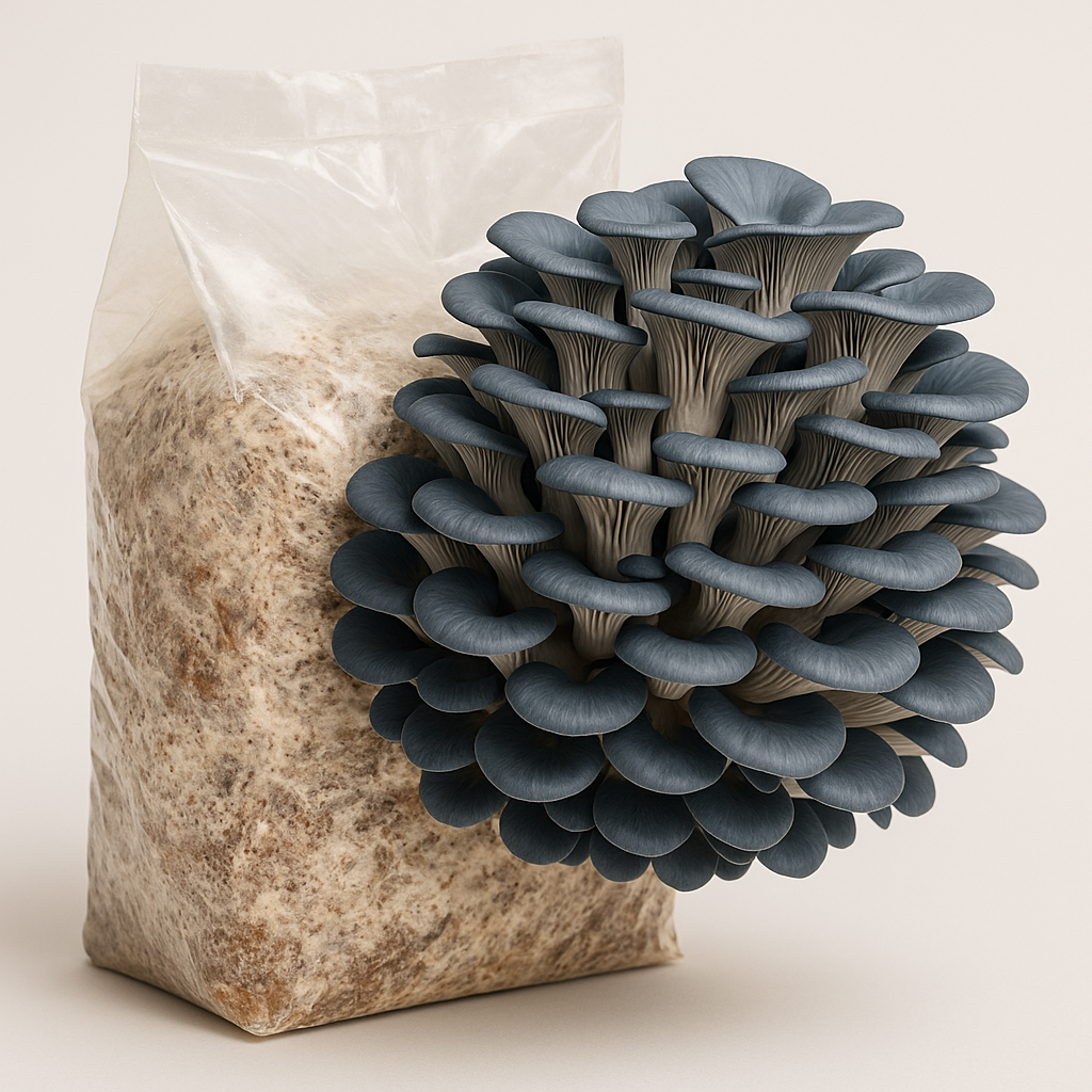 Blue Oyster Mushroom Kit showing blue-gray oyster clusters