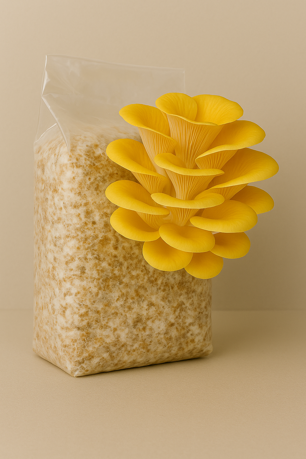 Golden Oyster Mushroom Kit showing bright yellow clusters