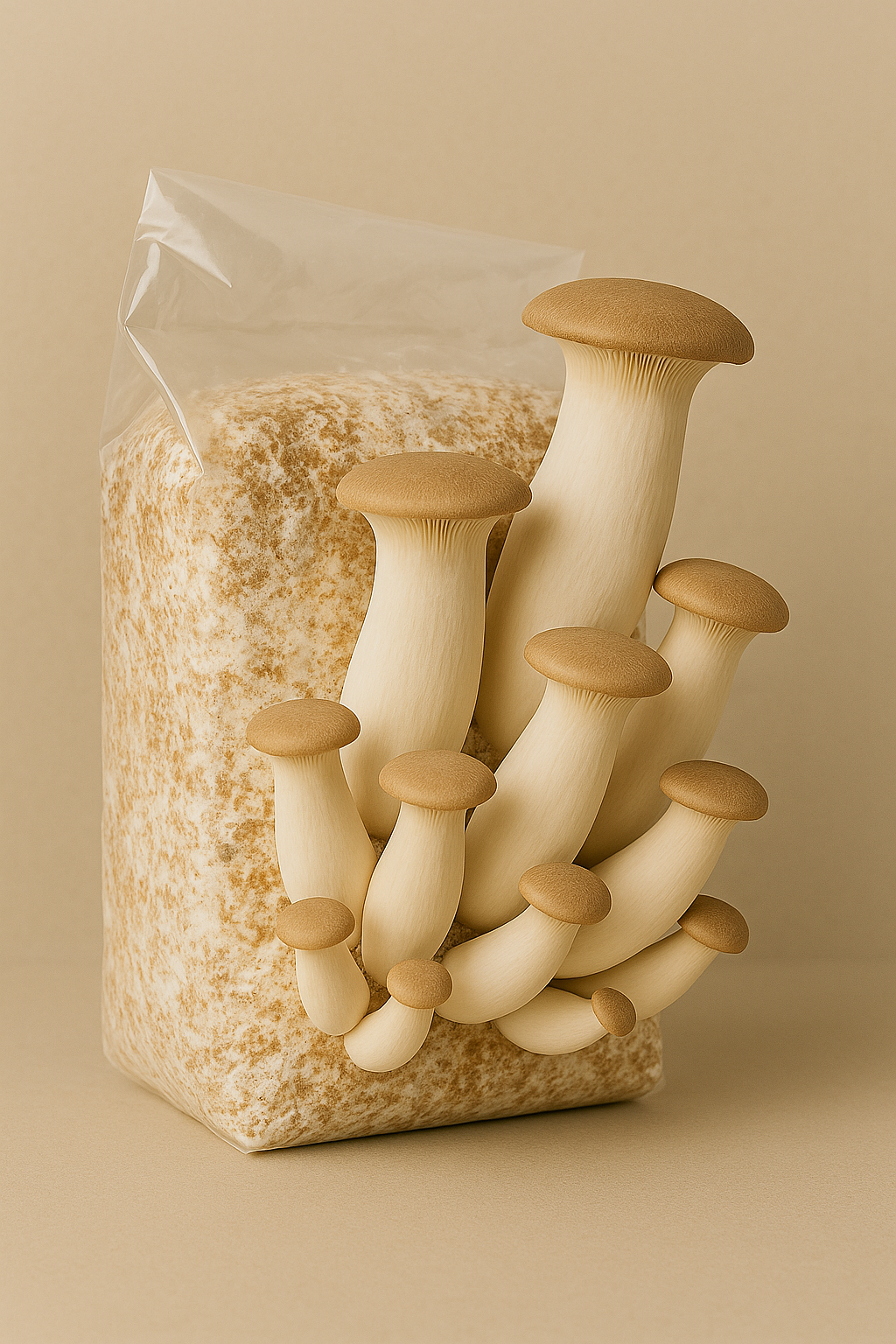 King Oyster Mushroom Kit showing large trumpet-shaped mushrooms